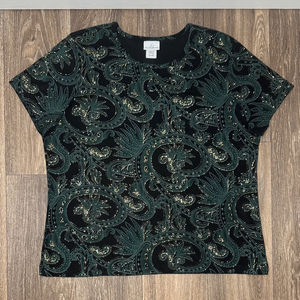 Jaclyn Smith Black and Green Paisley Short Sleeve Top Women’s Size XL - Picture 13 of 13
